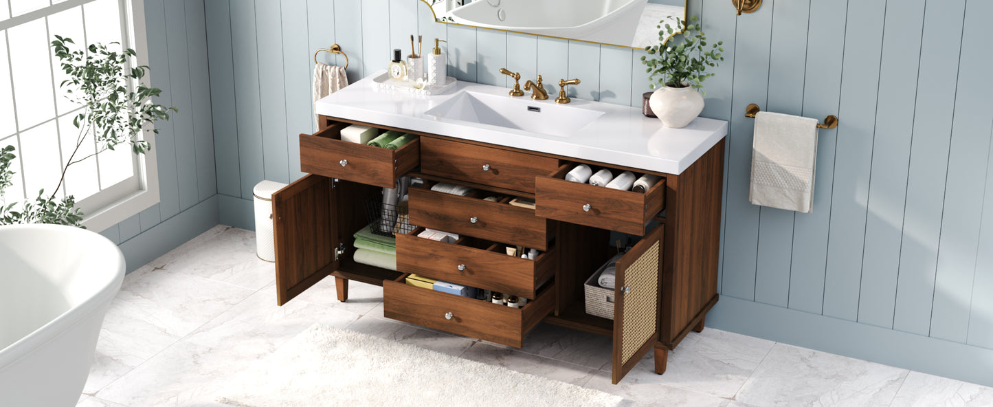 60" Bathroom Vanity with SMC Sink, Modern Large Storage Bathroom Storage Cabinet with Soft Close Drawers and Rattan Doors, Silver Metal Knobs and 5 Pine Legs, Brown image 4