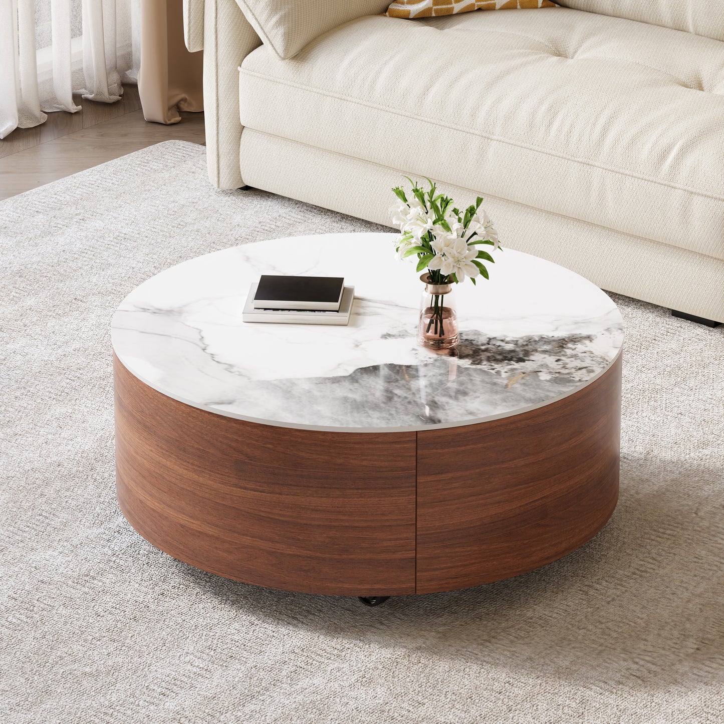 Modern Round Movable Coffee Table with Casters, 2 Drawers, Marble Pattern Sintered Stone Top, Walnut, 29.5" image 3