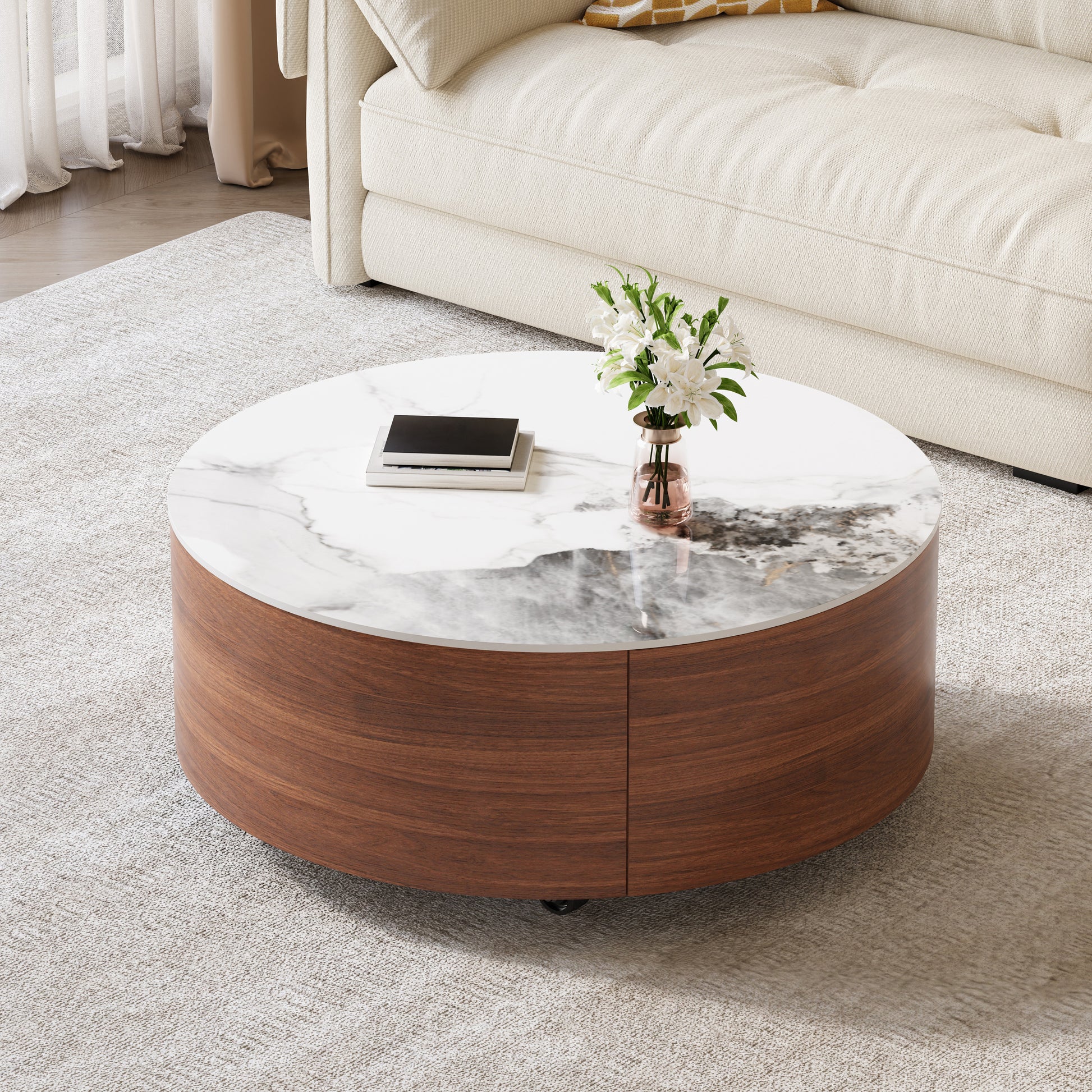 Modern Round Movable Coffee Table with Casters, 2 Drawers, Marble Pattern Sintered Stone Top, Walnut, 29.5" image 3