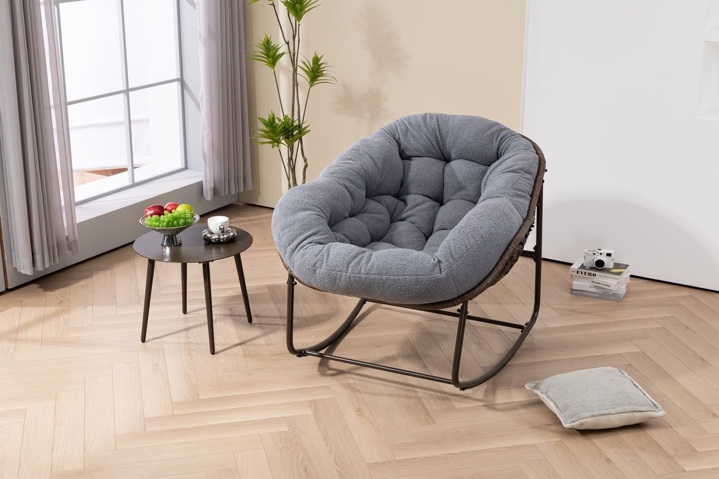 Outdoor Rattan Rocking Chair,Padded Cushion Rocker Recliner Chair Outdoor for Front Porch, Living Room, Patio, Garden, Grey image 6