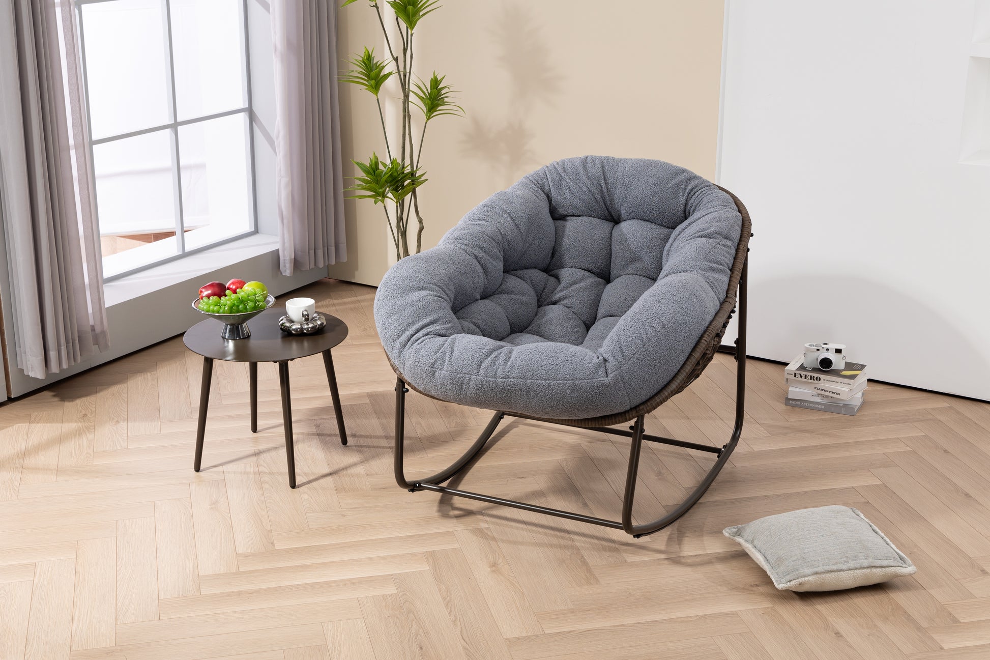 Outdoor Rattan Rocking Chair,Padded Cushion Rocker Recliner Chair Outdoor for Front Porch, Living Room, Patio, Garden, Grey image 6