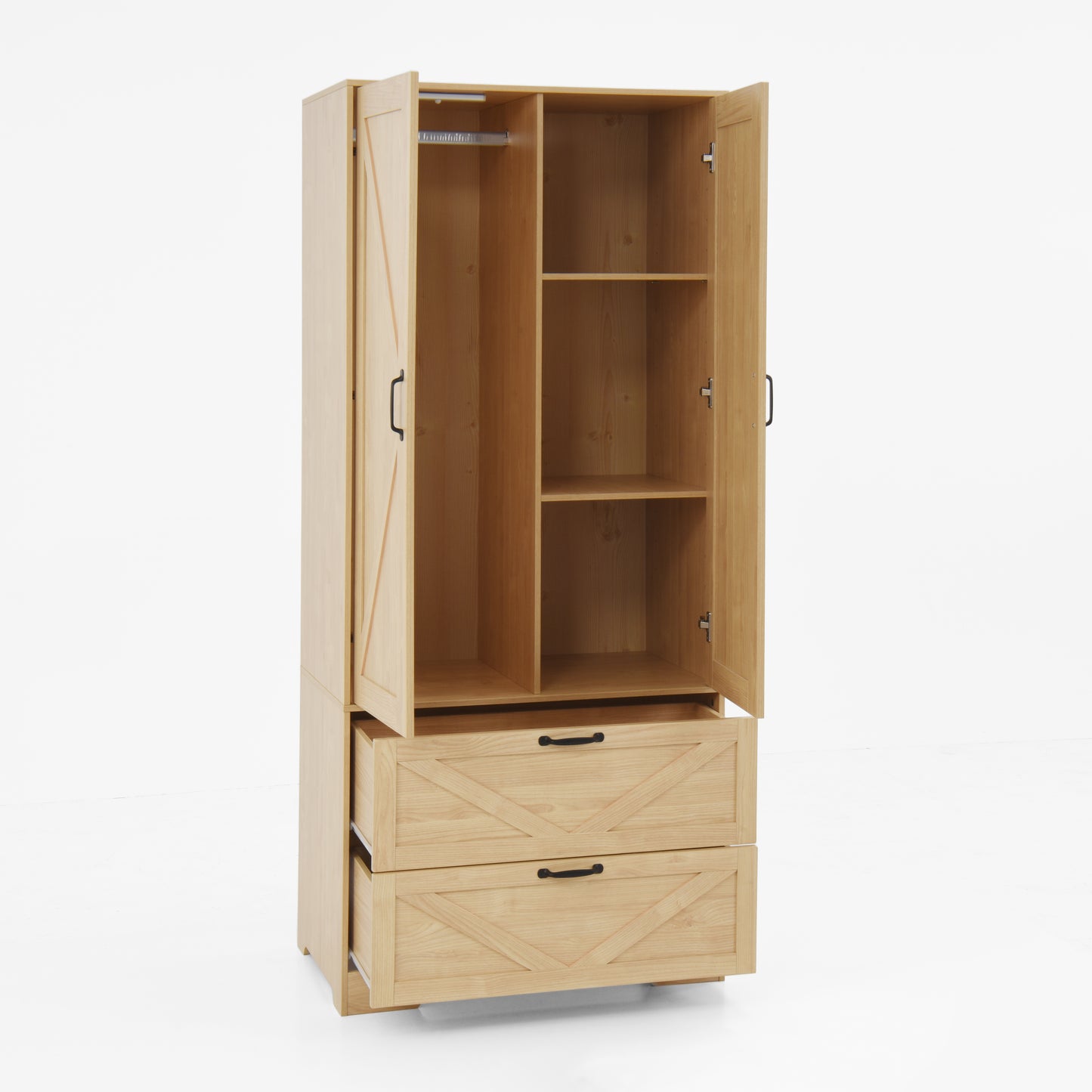 2 Door Wood Wardrobe for Bedroom with Hanging Clothing Rod inside the Cabinet and 2 Drawers for Storage Organization, Built-in induction light Multifunctional Closet with Mirror, Natural image 10