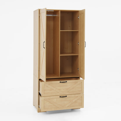 2 Door Wood Wardrobe for Bedroom with Hanging Clothing Rod inside the Cabinet and 2 Drawers for Storage Organization, Built-in induction light Multifunctional Closet with Mirror, Natural image 10