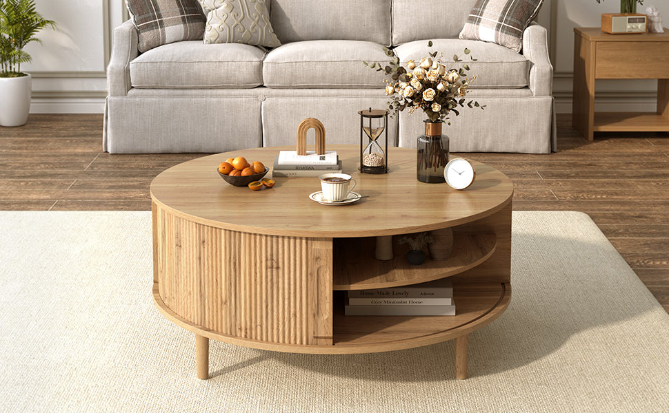 U-Can Minimalist Round Lift-Top Coffee Table with Hidden Storage, Sliding Door, Pine Legs, and Wood Wave Finish image 3
