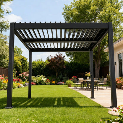 Byron Black Outdoor Pergola Aluminum with Adjustable Louvered Roof image 2