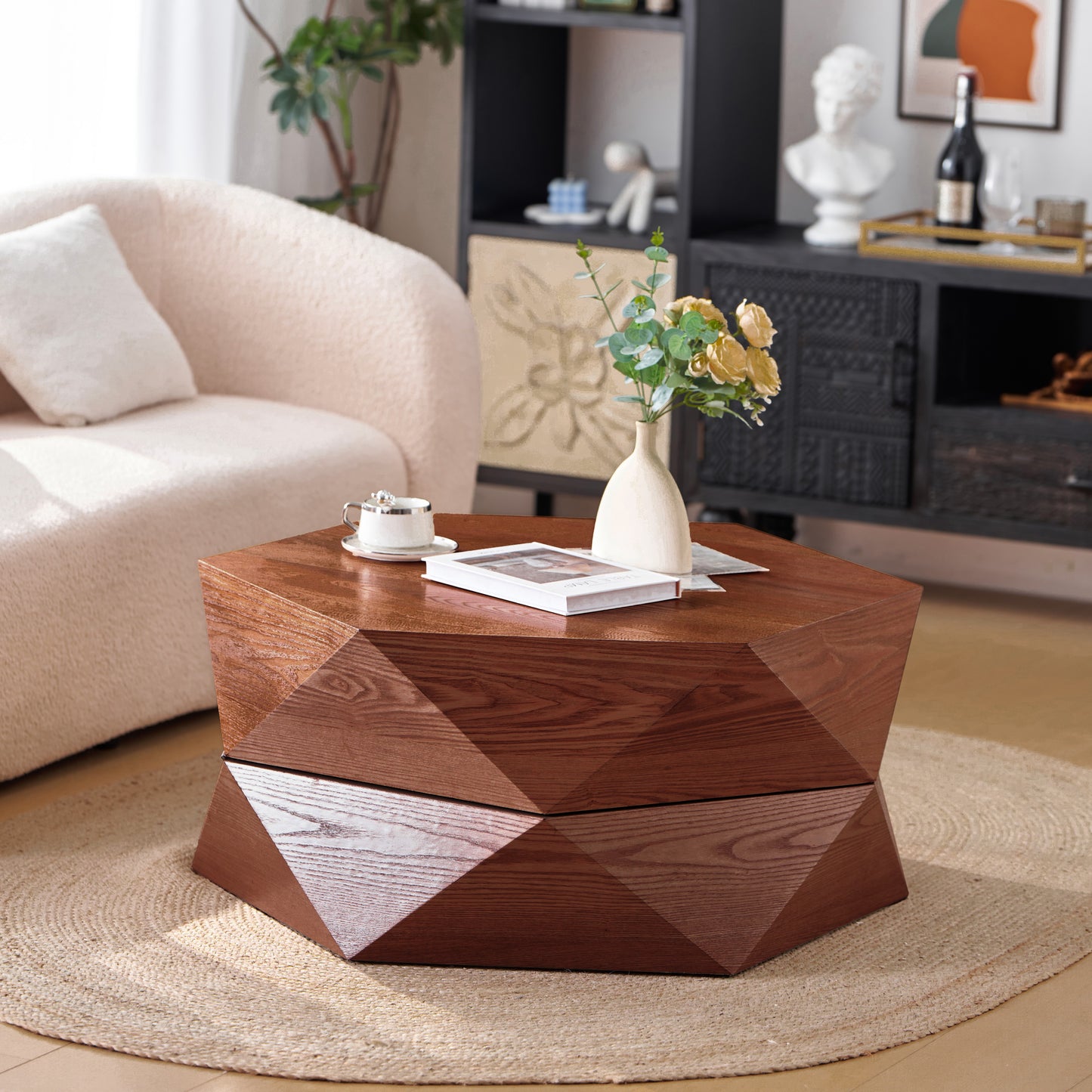36.61'' Retro Style Polygon Flip Top Coffee Table, Flip-top hidden space, Solid Wood Veneered Drum Coffee Table with Storage for Living Room, Bedroom and Office, Reddish-brown, Brown image 1