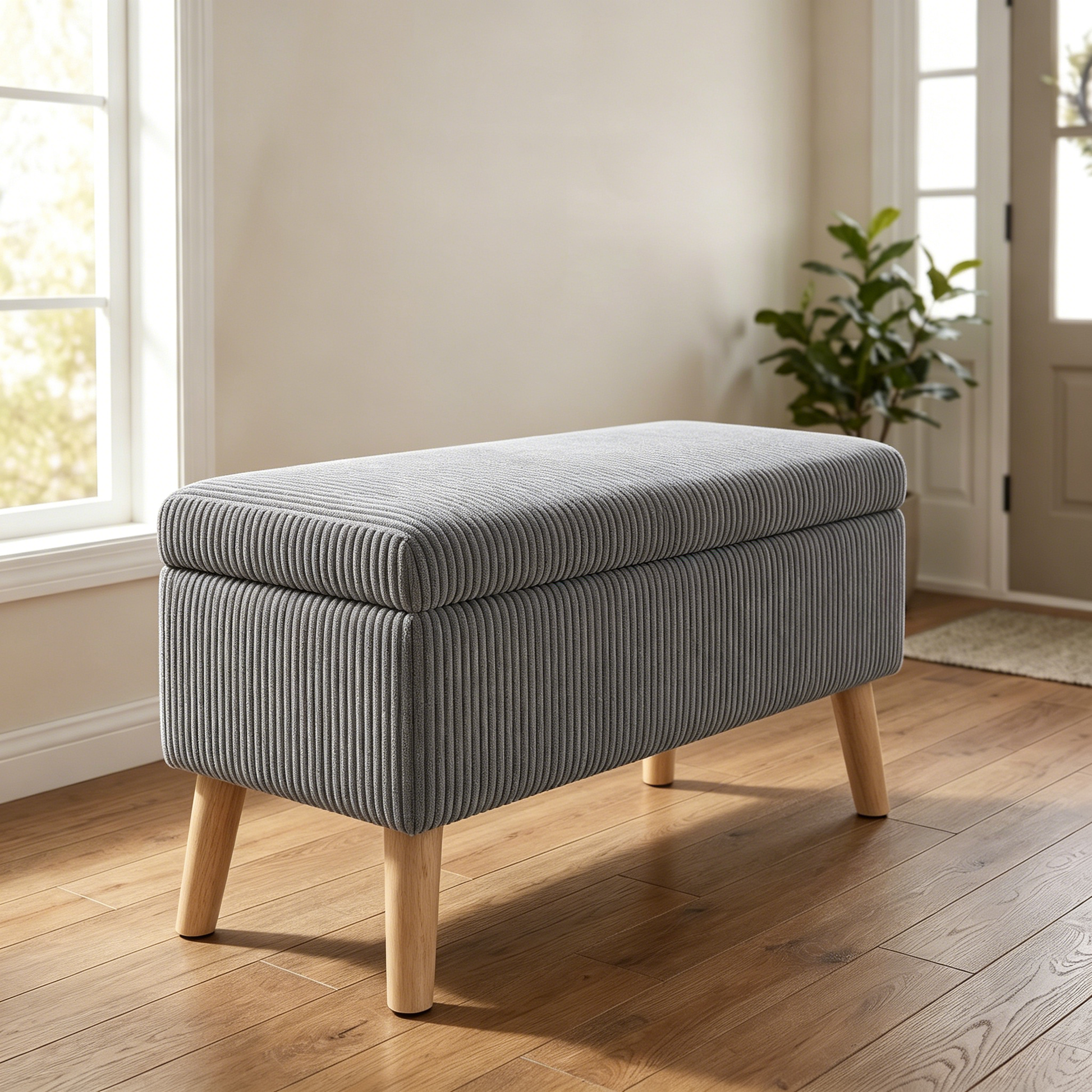 32 inch Wide Olive Grey Corduroy Storage Ottoman Bench with Wooden Legs, Flip-Top Storage Box, Soft Upholstered End of Bed Bench, Footrest & Shoe Bench for Bedroom, Living Room, Entryway image 1