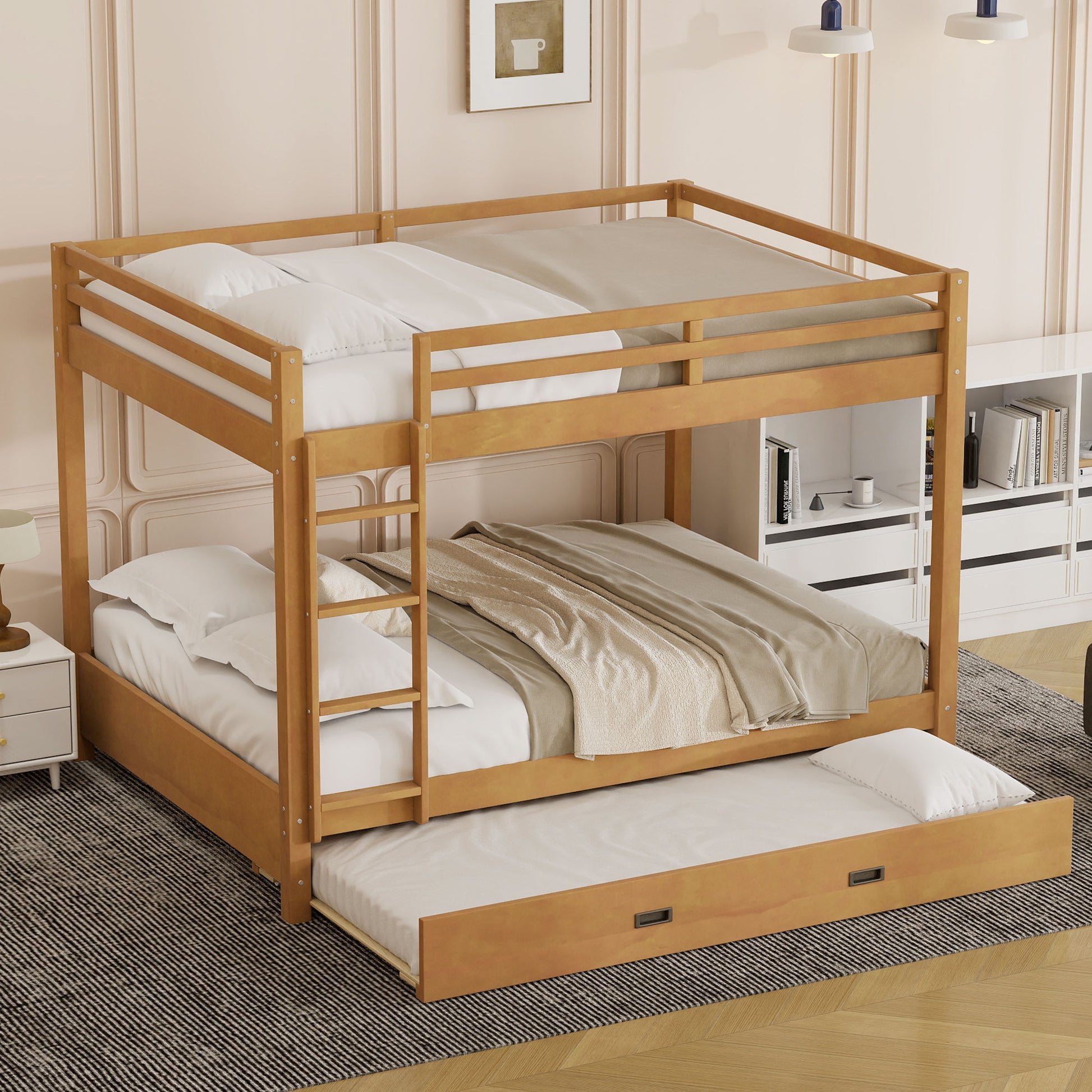 Wood Queen Size Bunk Bed with Ladder and Trundle, Wood Color image 1