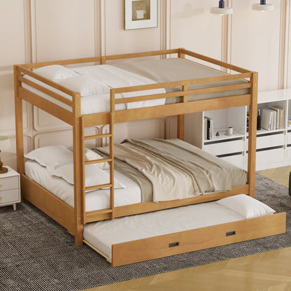 Wood Queen Size Bunk Bed with Ladder and Trundle, Wood Color image 1