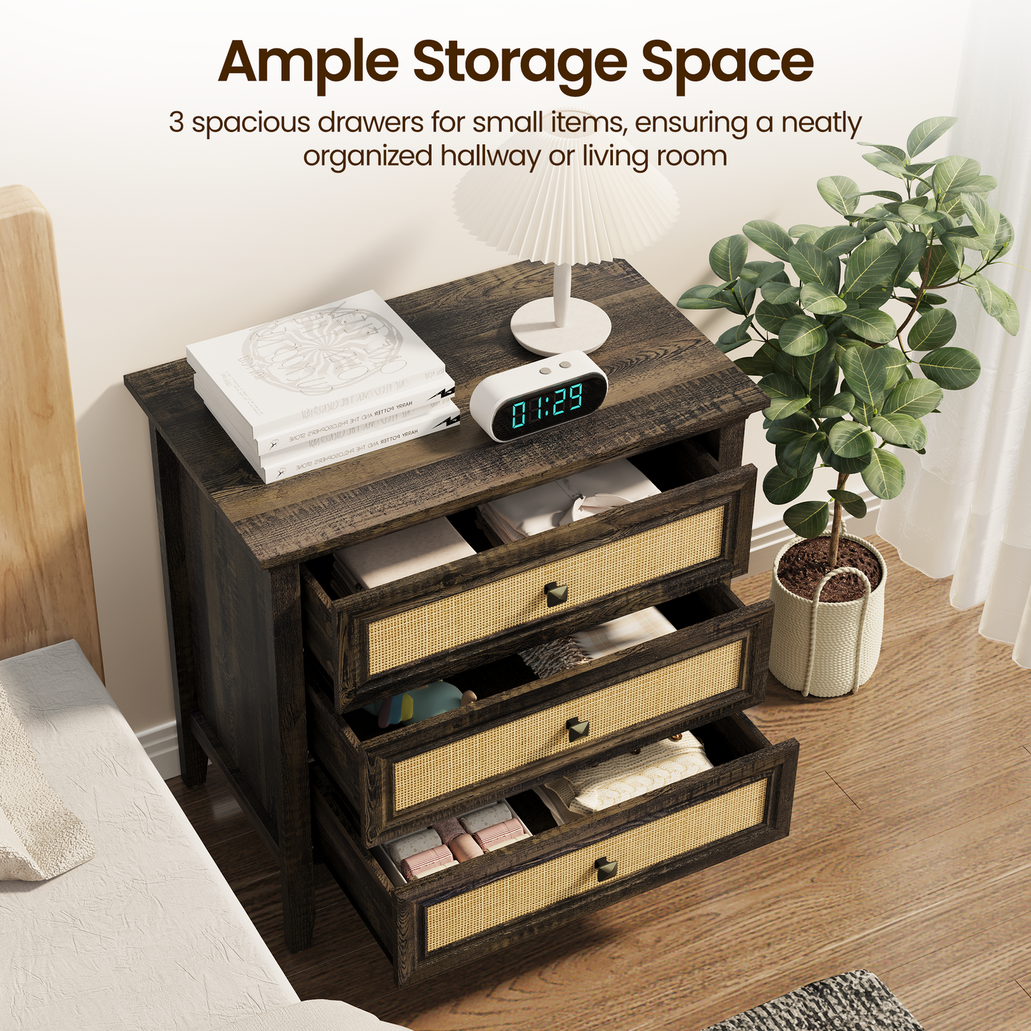3 Drawer Dresser Rattan Dresser Wood Chest of Drawers Farmhouse Closet Dressers Modern Bedside Table Rustic Nightstand Storage Cabinet for Bedroom, Hallway, Living Room, Dark Rustic Oak image 4