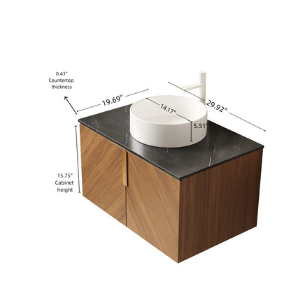 ARAI 30" Bathroom Vanity with Sink, Wall-Mounted Plywood Bathroom Storage Cabinet with Double Doors, Black Sintered Stone Countertop and White Round Ceramic Basin, Brown Oak Woodgrain Color image 5
