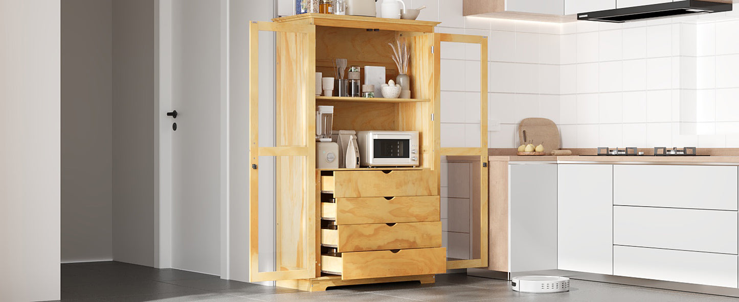 TOPMAX 44.7x20x75inch Kitchen Pantry, Freestanding Kitchen Storage Cabinet Display Cabinet with Glass Doors and 4 Built-in Drawers for Living Room, Home Office, Natural image 2