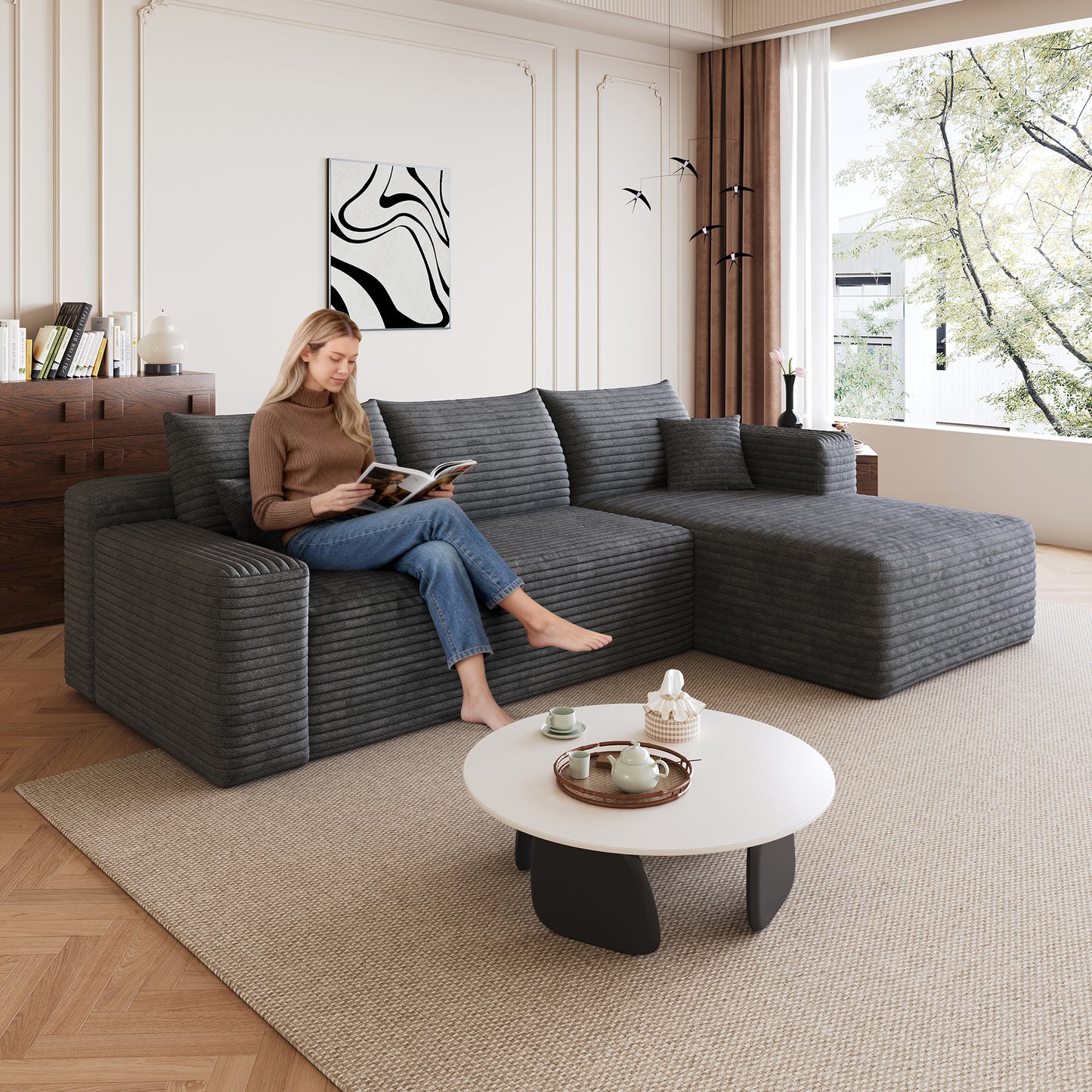 95" Cloud Sectional Sofa,Modern Minimalist Upholstered Couches, Comfort U Shaped Sofa for Living Room,Deep Seat Corner Couch,No Assembly Required,Dark Grey((Plush Corduroy Fabric) image 2