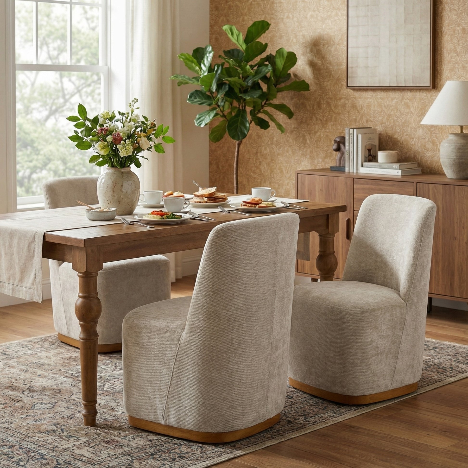 Indoor Dining Chair Set of 2, Modern Upholstered Fabric Chair with Sturdy Rubber Wood Frame, 300lbs Capacity, Creamy Oatmeal Design, Comfortable Seating for Dining Room/Living Area image 1