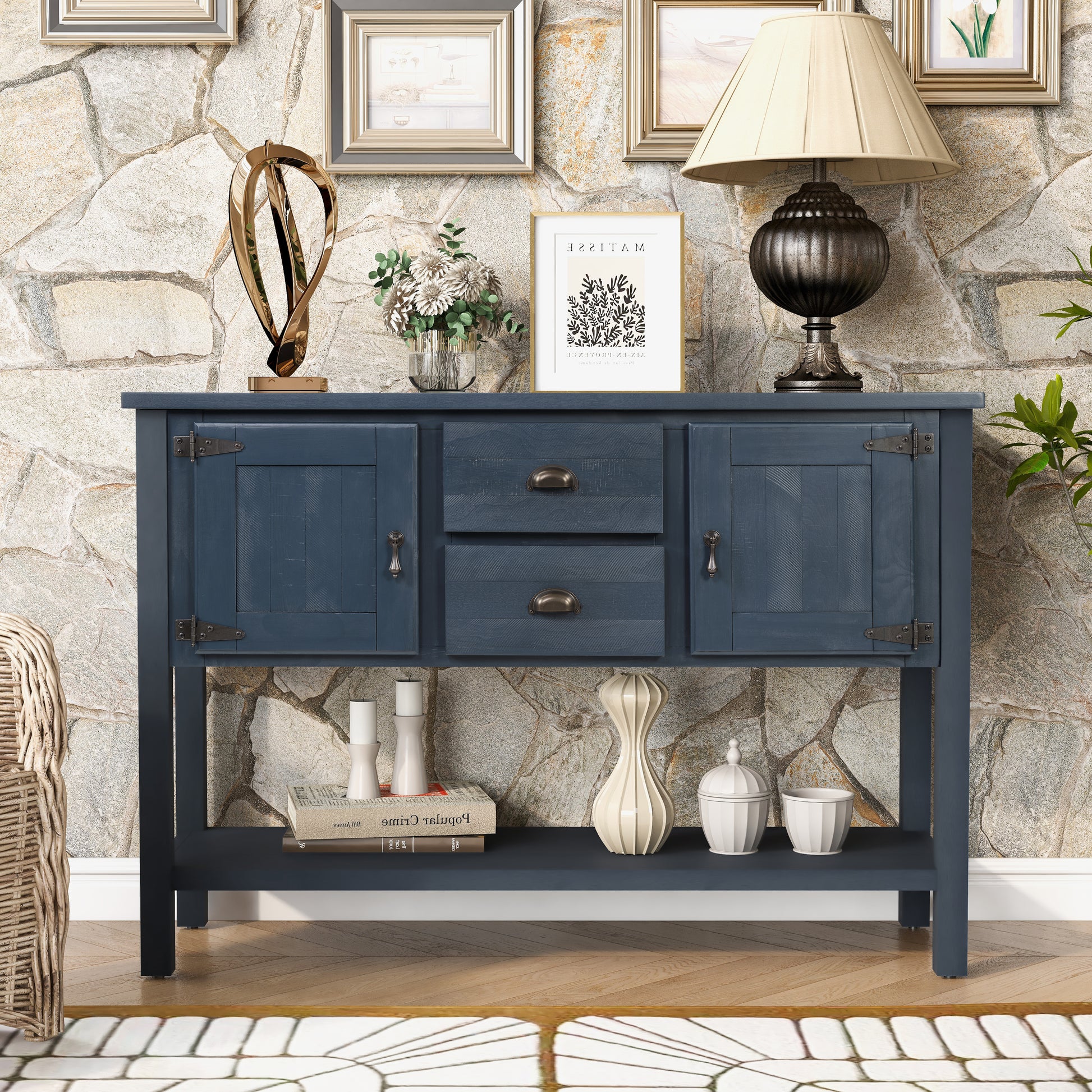 46'' Solid Wood Sideboard Console Table with 2 Drawers and Cabinets and Bottom Shelf, Retro Style Storage Dining Buffet Server Cabinet for Living Room Kitchen Dining Room(Navy Blue) image 1