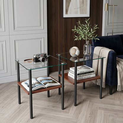 2-piece Modern Rectangular Glass Side Table, Tempered Glass Tabletop, MDF Storage Shelf & Metal Legs, Minimalist Sofa Side Table for Living Room & Bedroom image 1