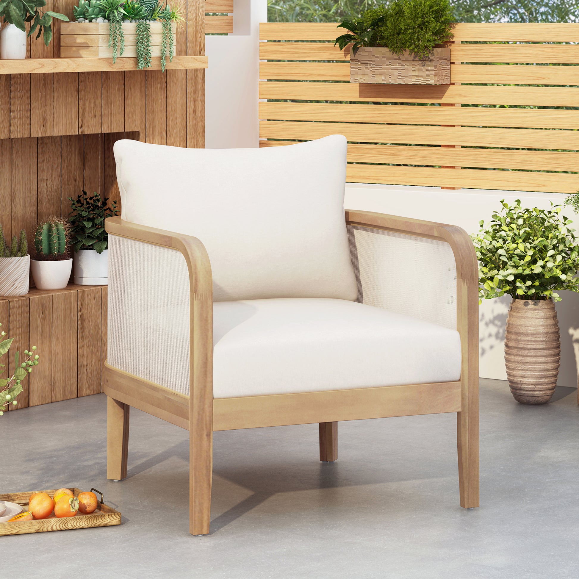 Outdoor Acacia Wood Patio Club Chair, Textilene Patio Furniture,Waterproof Thick Cushion Deep Seating for Porch, Garden, Backyard, Balcony, Weight Capacity 400lbs, Light Teak Finish, Beige image 1