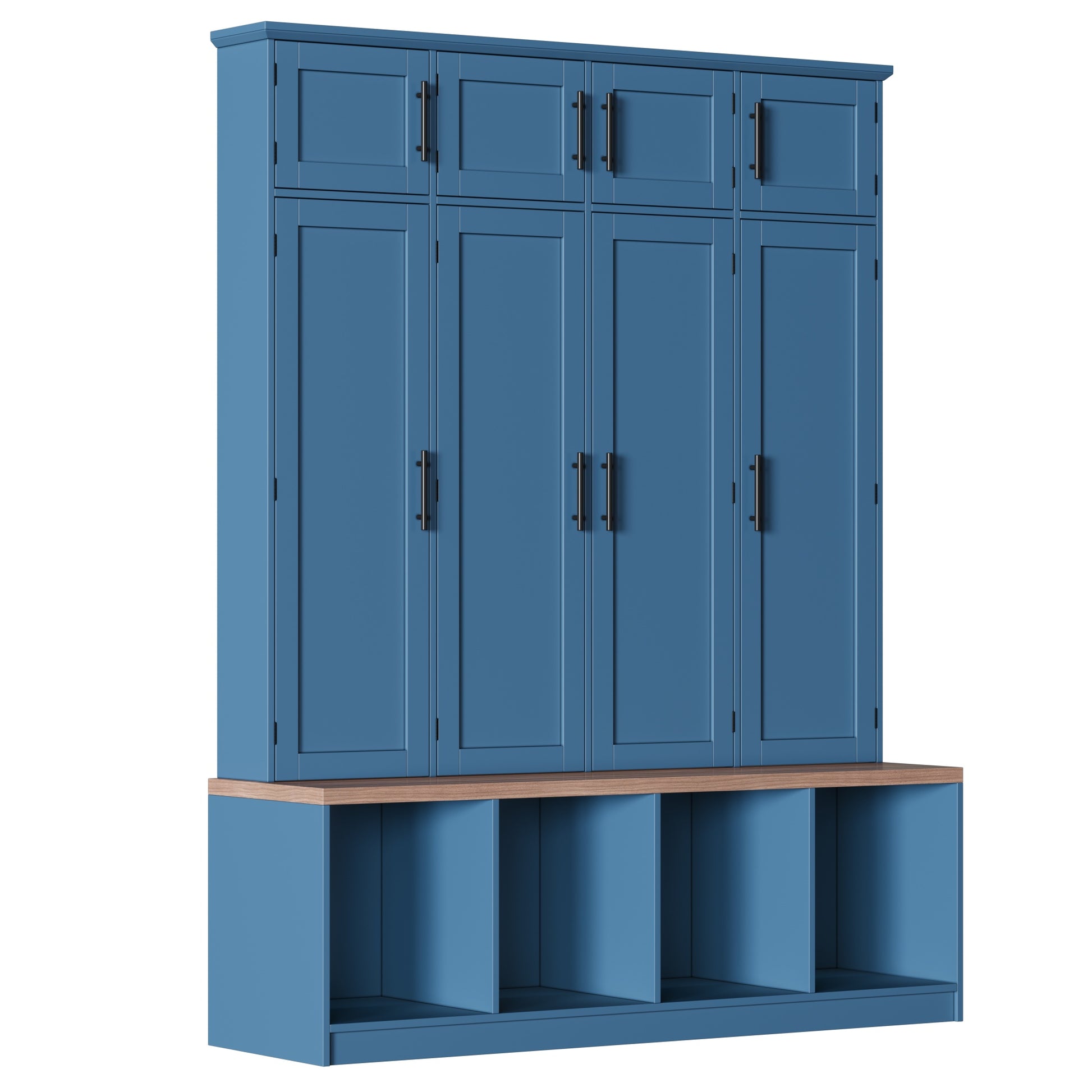 Farmhouse Hall Tree with 4 Hidden Hanging Hooks, Versatile Walnut Seating Bench with 8 Doors, Entryway Shoe Cabinet with Open Compartment for Living Room, Blue (OLD SKU:N721S000059C) image 10