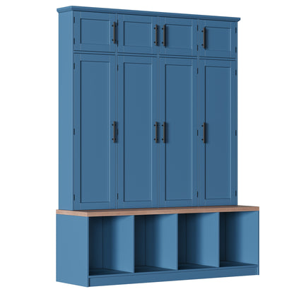 Farmhouse Hall Tree with 4 Hidden Hanging Hooks, Versatile Walnut Seating Bench with 8 Doors, Entryway Shoe Cabinet with Open Compartment for Living Room, Blue (OLD SKU:N721S000059C) image 10