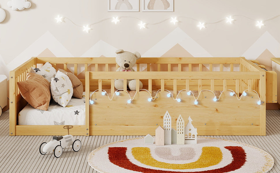 Twin Montessori Floor Bed Frame with High Rails, Wood Kids Floor Beds with Light and Storage Shelf, Natural (Expect Arrival Date 2025/8/15) image 11