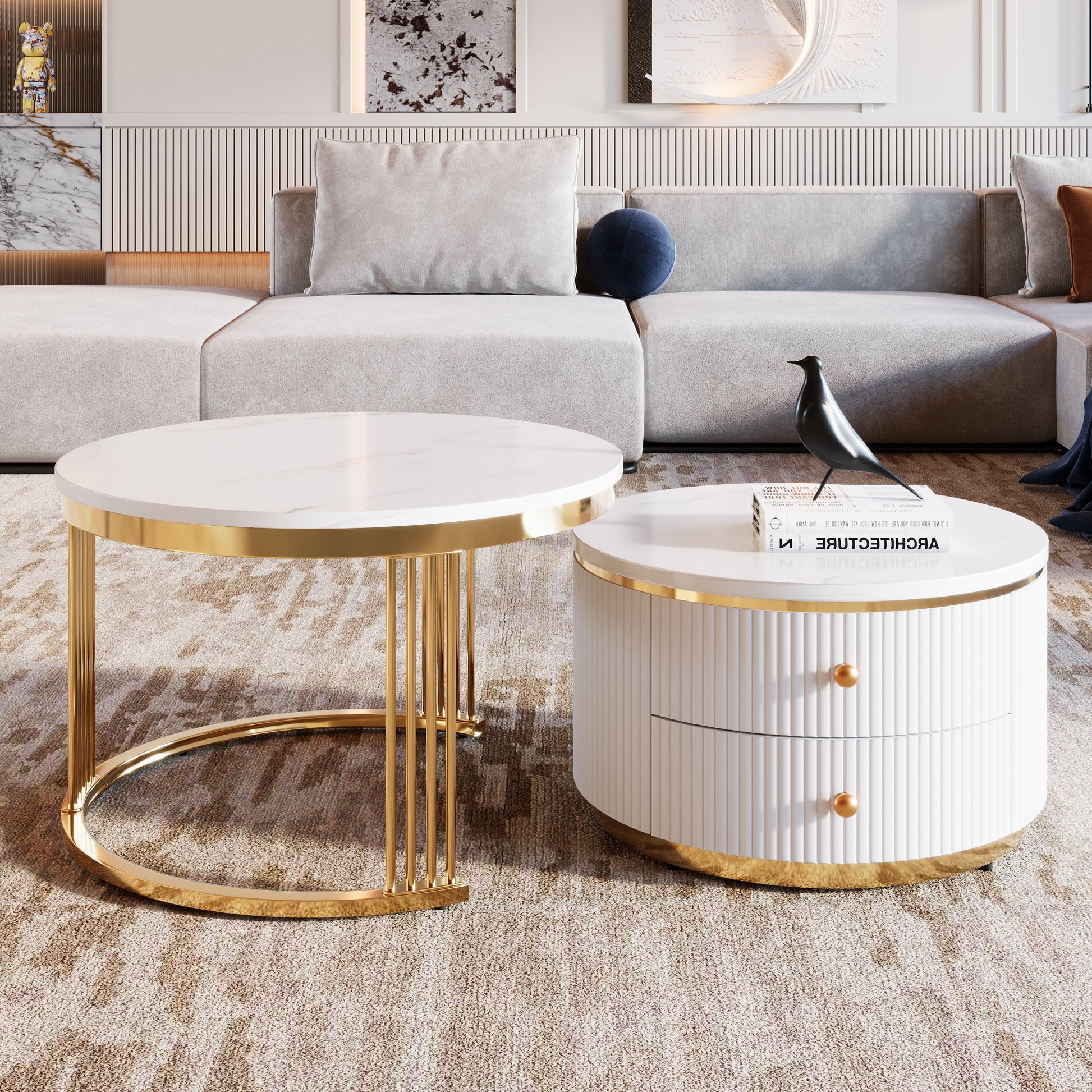 Modern 2 Pieces White Round Nesting Coffee Table with Drawers in 27.6'' image 1