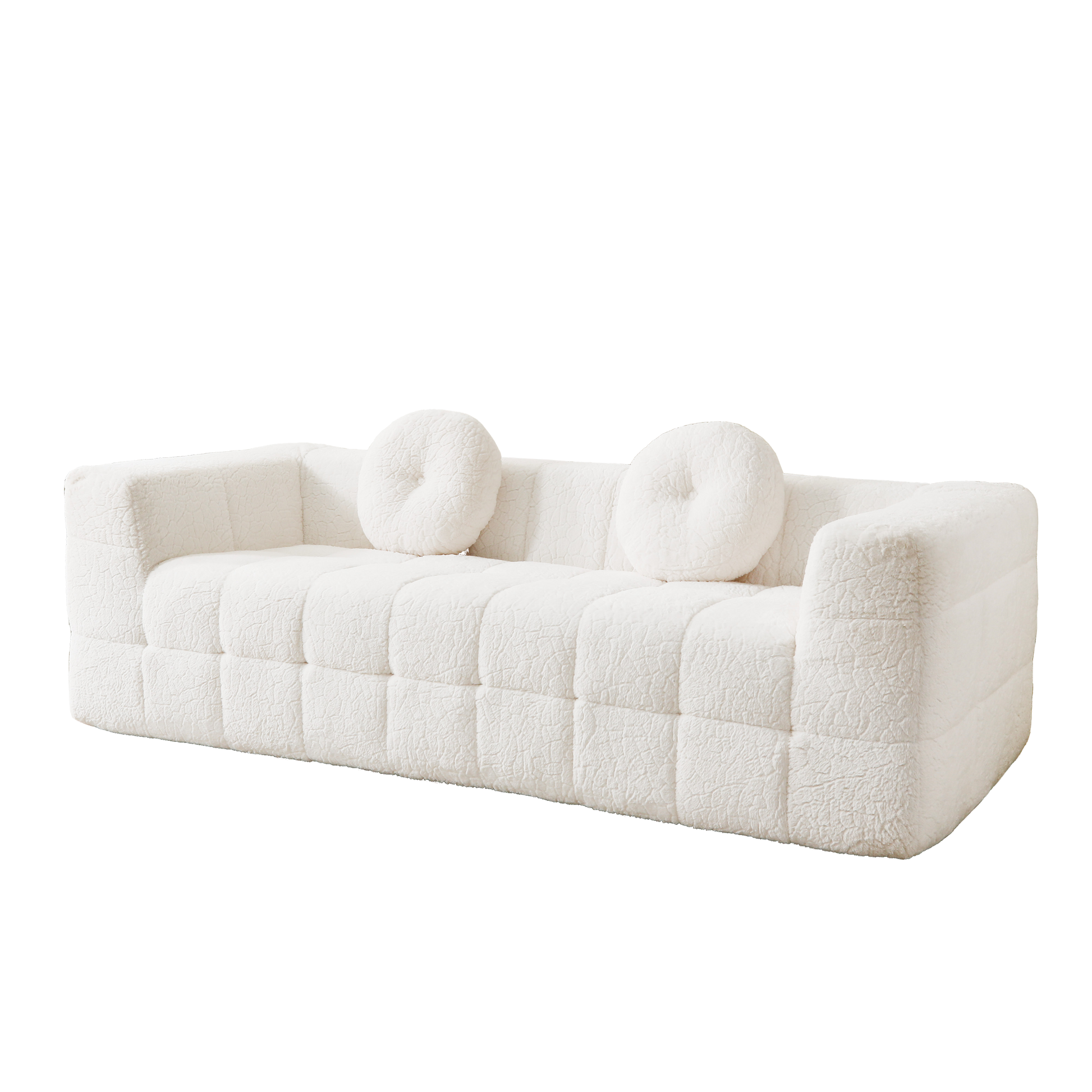 84.6-inch Modern Boneless Couch with Two Circular throw pillows,Skin-friendly lychee-textured long-pile polyester fabric,Checkered Fabric Design Three-Seater Foam Sofa image 9