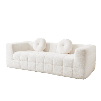 84.6-inch Modern Boneless Couch with Two Circular throw pillows,Skin-friendly lychee-textured long-pile polyester fabric,Checkered Fabric Design Three-Seater Foam Sofa image 9