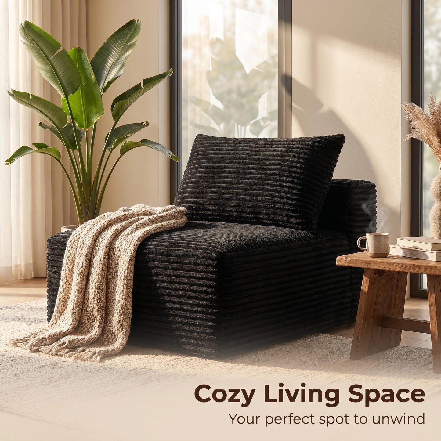 Black Corduroy Modular Compression Sofa, Legless Floor-Hugging Armless Accent Chair for Living Room Bedroom image 8