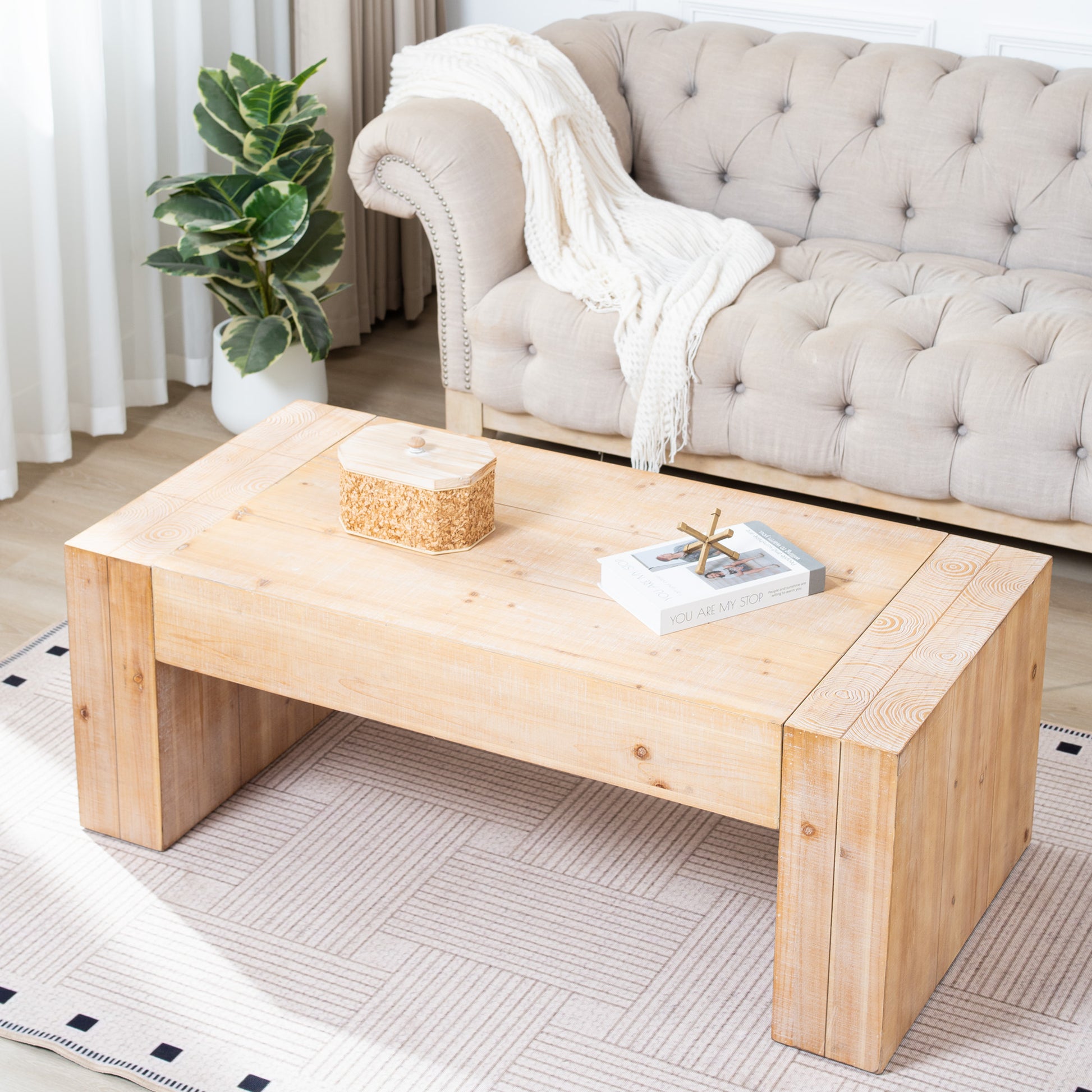 49" Rustic Wood Coffee Table, Engineered Wood Center Table with Whitewashed Finish, Modern Farmhouse Living Room Table image 2