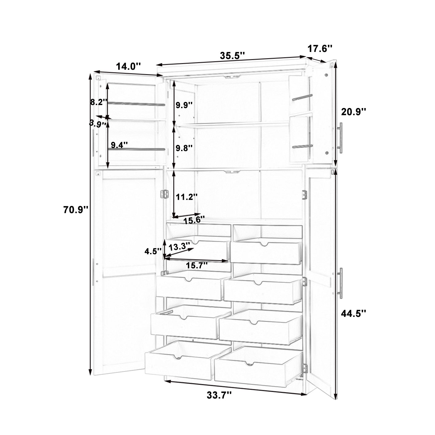 [Assembly Video Provided] TOPMAX 35.5x17.6x70.9inch Freestanding Kitchen Pantry Cabinet, Tall Storage Cabinet with 4 Doors, 2 Door Shelves, 8 Pull-out Trays and Adjustable Shelf for Dining Room, Blue image 11