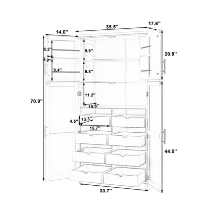 [Assembly Video Provided] TOPMAX 35.5x17.6x70.9inch Freestanding Kitchen Pantry Cabinet, Tall Storage Cabinet with 4 Doors, 2 Door Shelves, 8 Pull-out Trays and Adjustable Shelf for Dining Room, Blue image 11