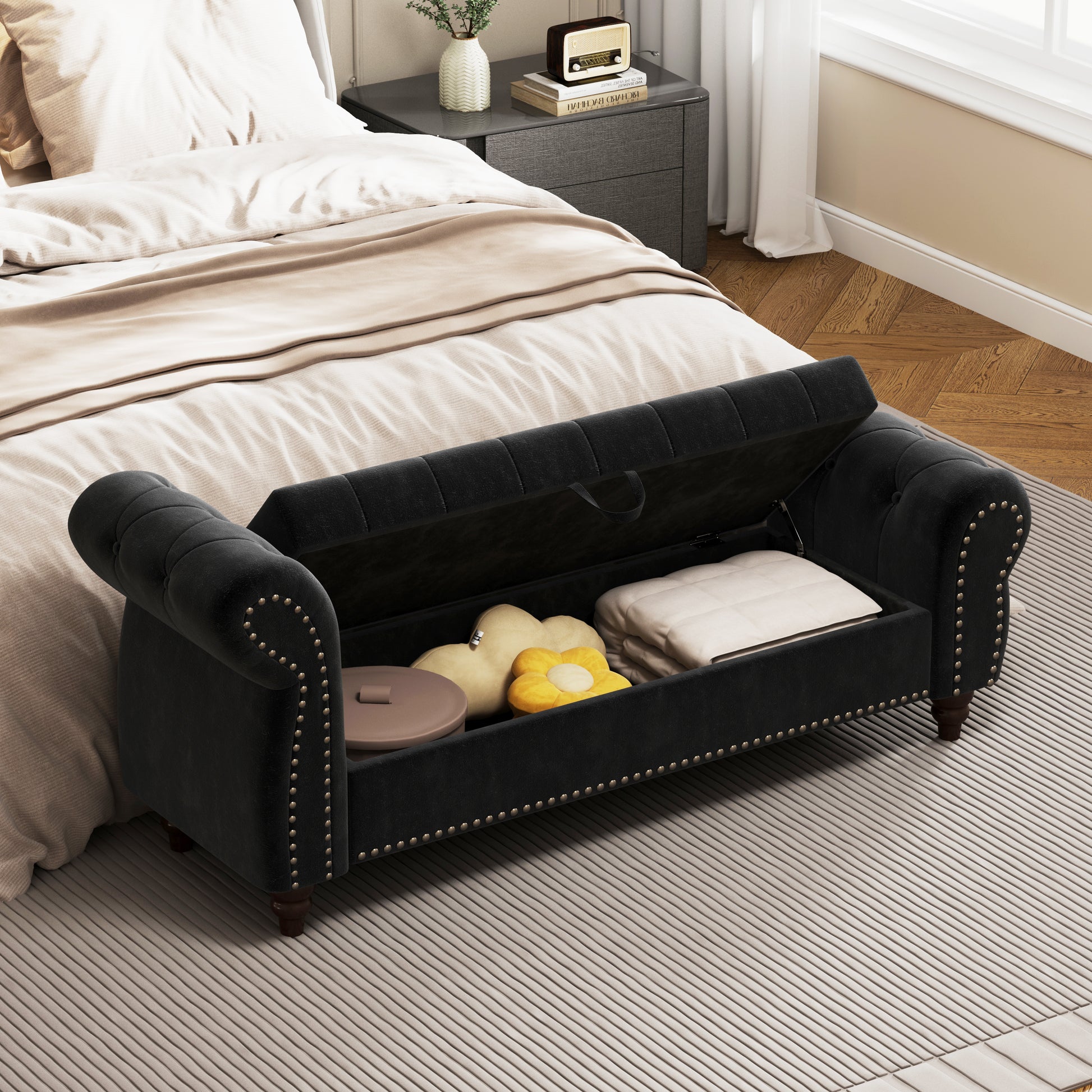 64.5" Bed Bench for Bed Room Nails Tufted Chaise of Lounge with Storage Velvet Upholstery Black image 5