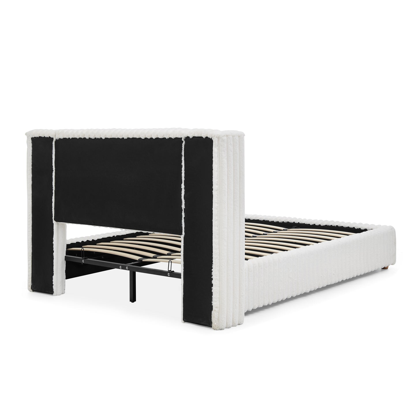 Queen Functional Vertical Striped Bed with Gas Lift Storage, Luxury Fluffy Rabbit Fur Fabric Up-holstered Double Bed image 12