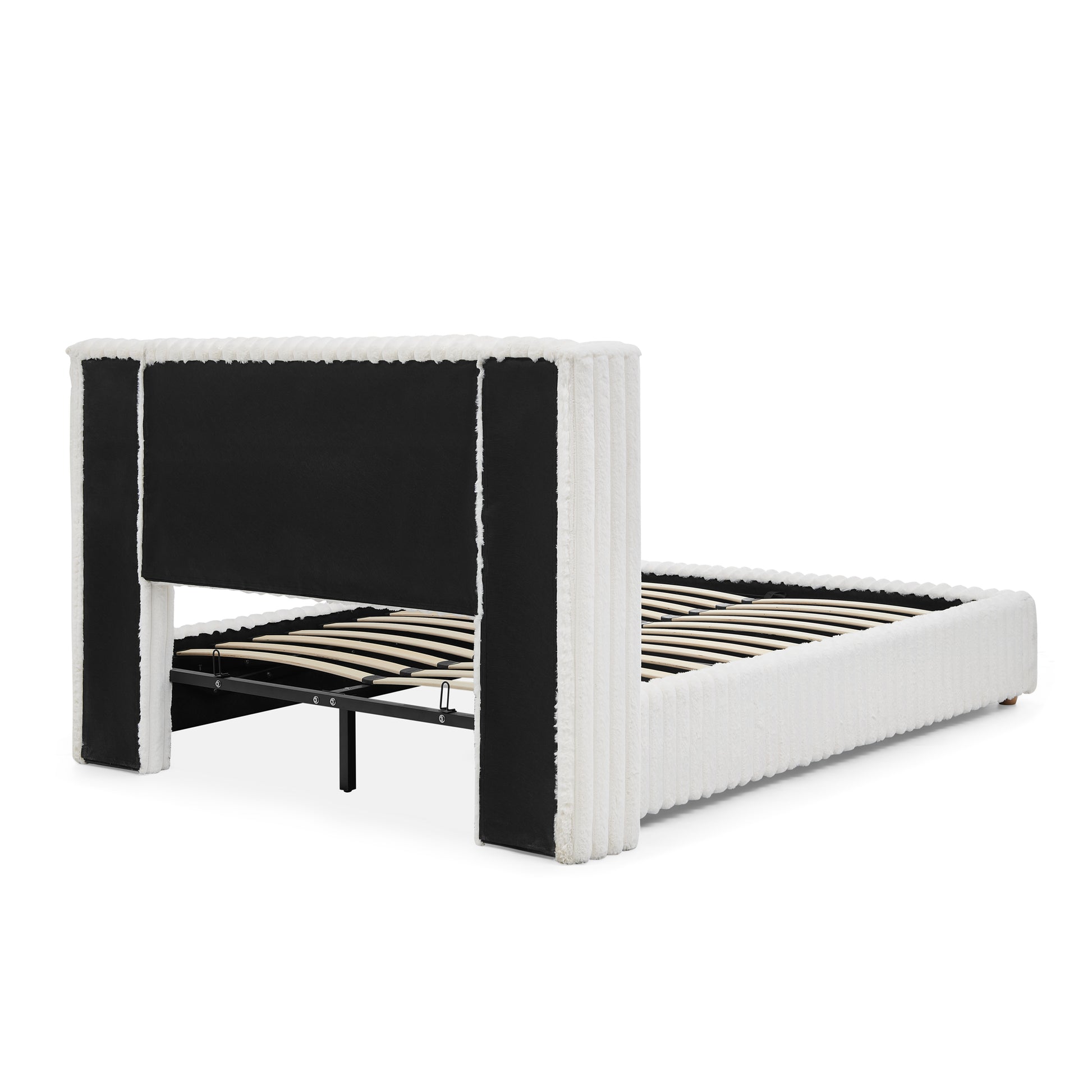 Queen Functional Vertical Striped Bed with Gas Lift Storage, Luxury Fluffy Rabbit Fur Fabric Up-holstered Double Bed image 12