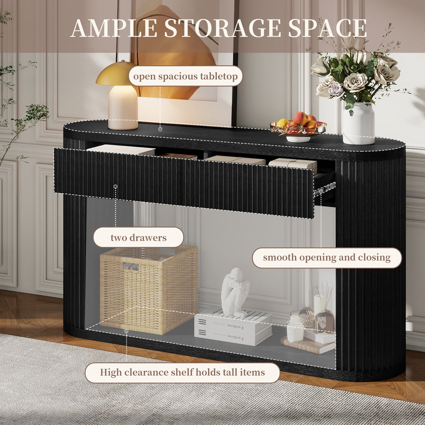 TREXM Oval Fluted Console Table with 2 Drawers and Bottom Shelf, Wood Entryway Table with Smooth Metal Slides for Living Room, Entryway (Black) image 10