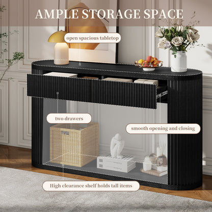 TREXM Oval Fluted Console Table with 2 Drawers and Bottom Shelf, Wood Entryway Table with Smooth Metal Slides for Living Room, Entryway (Black) image 10