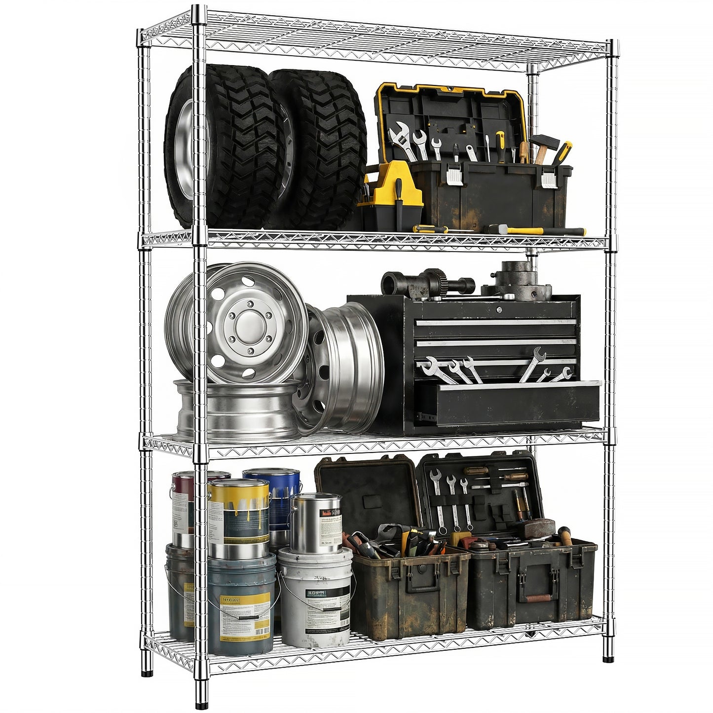 1400 Lbs 4-Shelf Storage Shelves,Wire Shelving Heavy Duty Metal Storage Shelving Unit Adjustable Garage Shelving Rack Pantry Kitchen (Chrome, 4 Tier,15.8" D x 45.3" W x 59.4" H) image 1