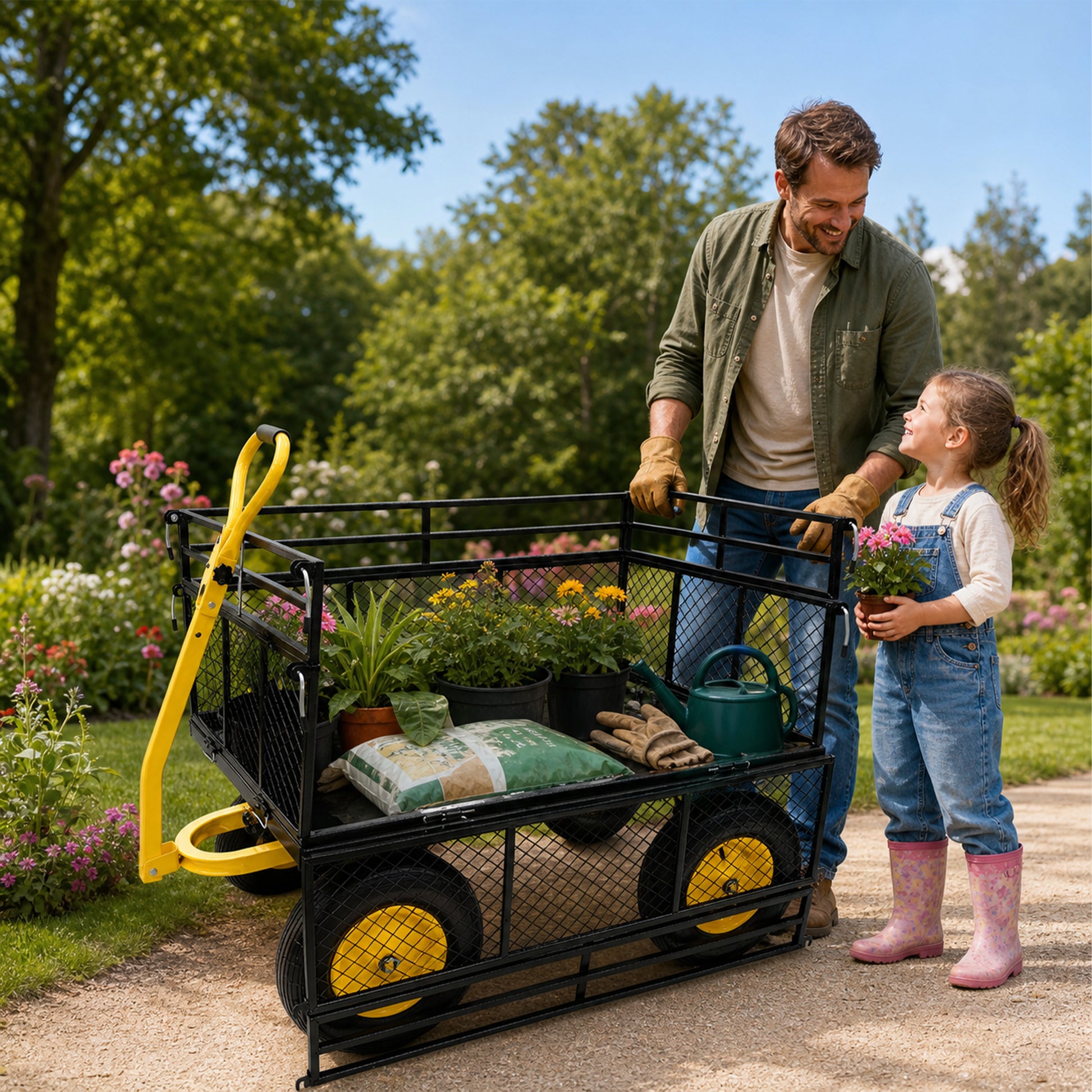 Steel Garden Cart, Heavy Duty 1400 lbs Capacity, with Removable Mesh Sides to Convert into Flatbed, Utility Metal Wagon with 2-in-1 Handle and 16 in Tires, Perfect for Garden, Farm, Yard image 11