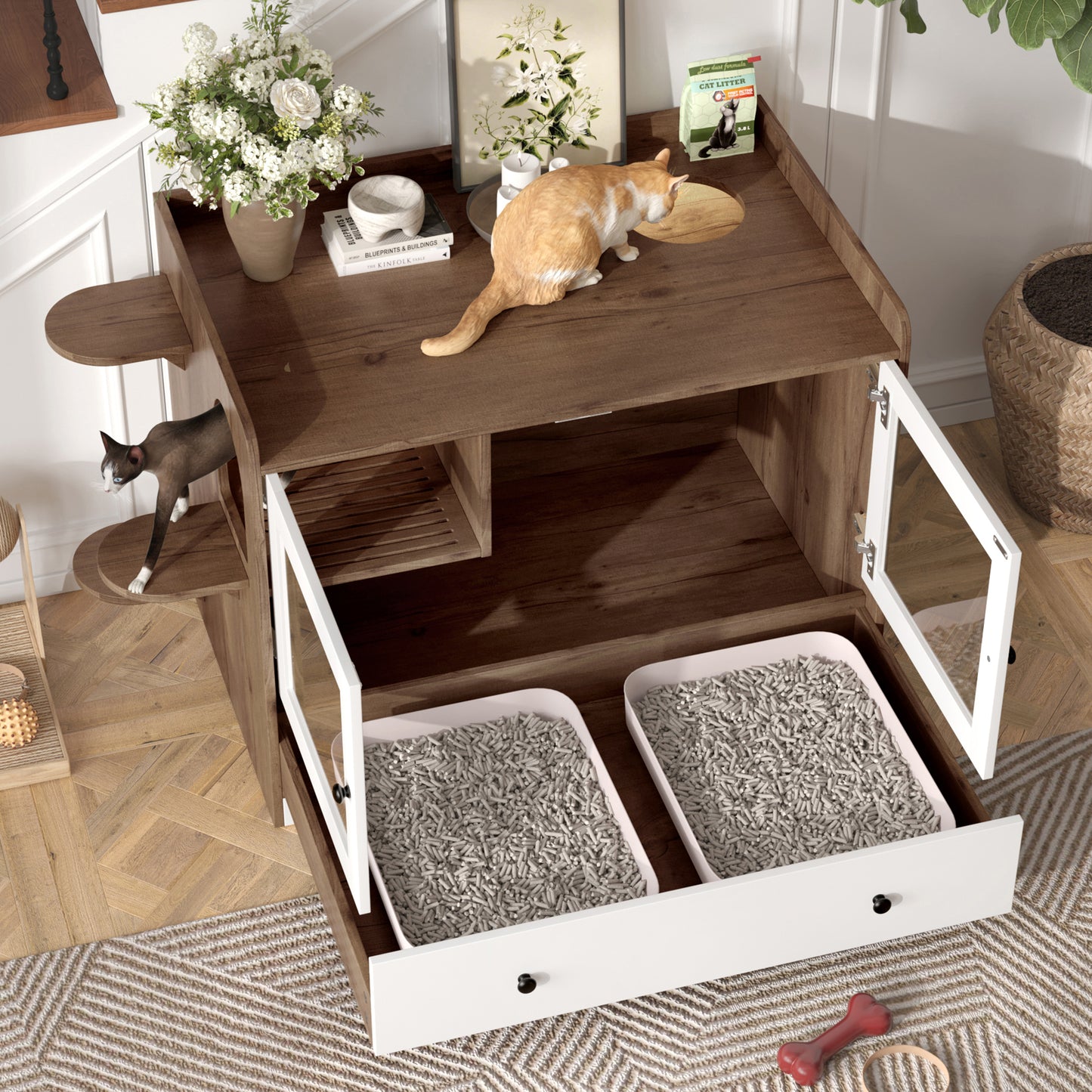 Cat Litter Box Enclosure, Hidden Cat Litter Box Furniture with Drawer and Stairs, Wooden Cat House Washroom for Bedroom,Cat Cabinet Side Table for Living Room, Brown and White image 2