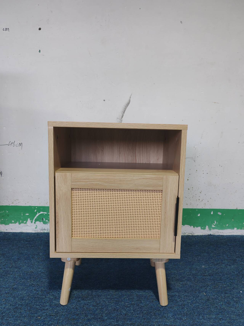 22.83'' H Rattan Nightstand, Side Table with Door Open Shelf, Accent Bedside End Table with Solid Wood Legs for Bedroom, Dorm and Small Spaces, Oak image 9