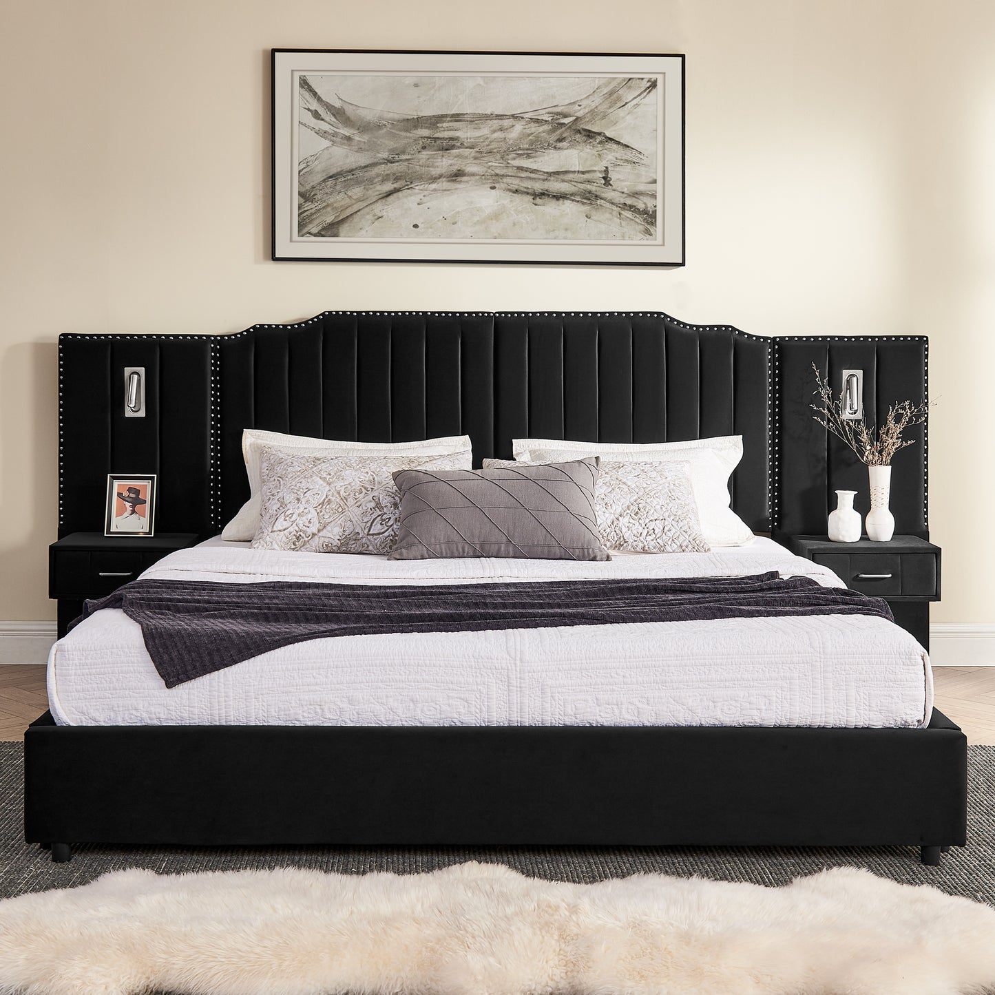 King Size Upholstered Bed Frame with Velvet Fabric, Vertical Stripe Design with Buttons Around King Size Platform Bed with Headboard, Solid Frame & Bedside Table - No Box Spring Needed-Black image 6