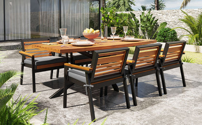 Modern 7-Piece Dining Set, Acacia Wood with Iron Frame, 6 Chairs with Dual-Layer Iron & Wood Seat Frame and Detachable Cushions, Outdoor/Indoor Furniture for Patio and Garden, Gray image 10