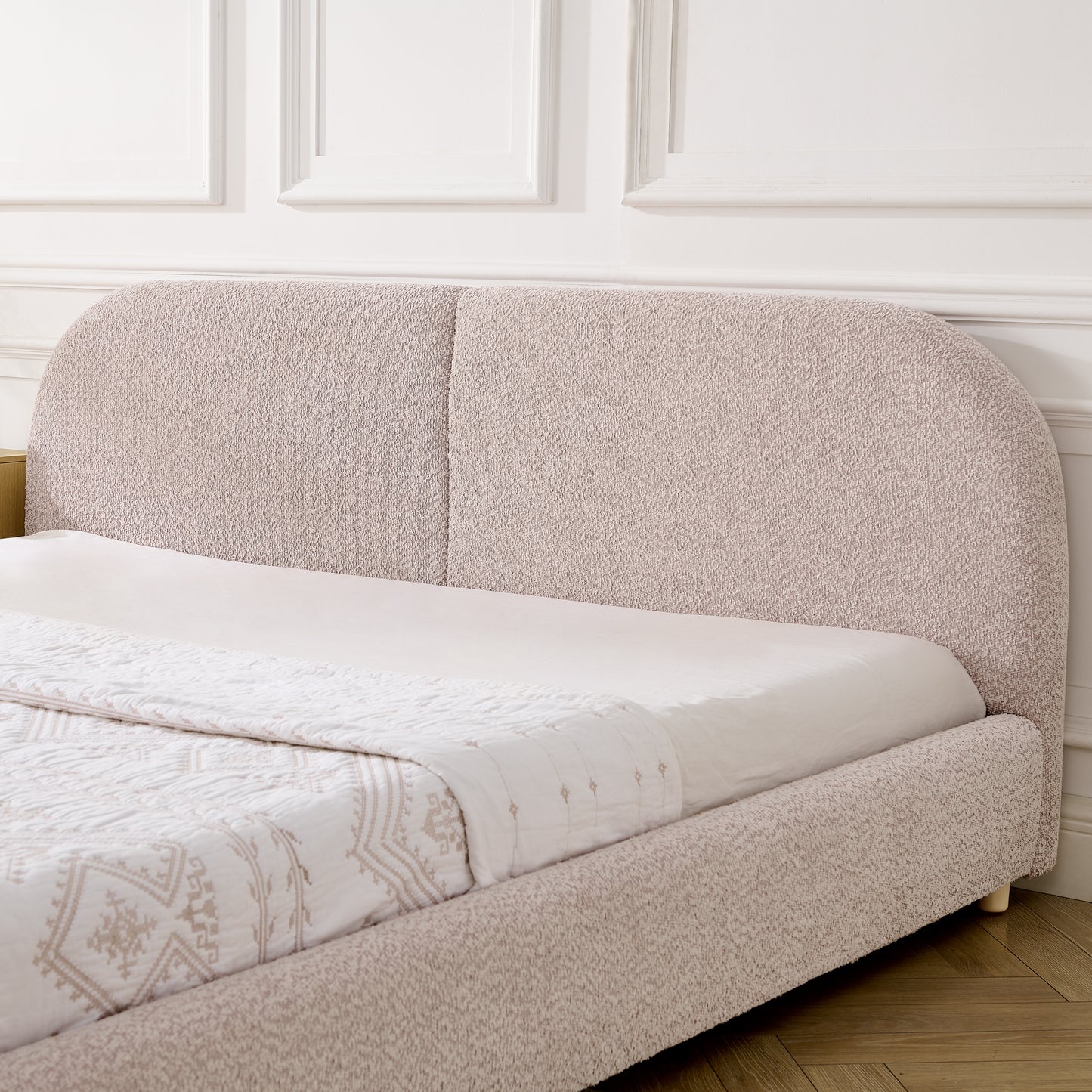 King Size Upholstered Bed Frame, Modern Minimalist Style with Tall Curved Headboard, Premium Circle Yarn Fabric & Sturdy Leg Support, Mattress Not Included-Pink image 4