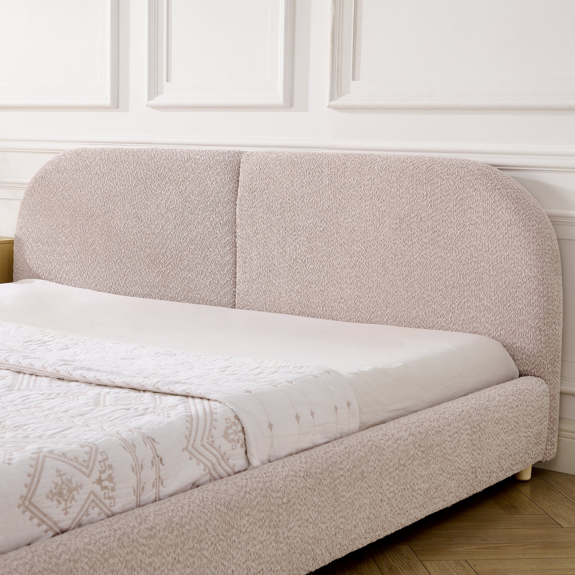 King Size Upholstered Bed Frame, Modern Minimalist Style with Tall Curved Headboard, Premium Circle Yarn Fabric & Sturdy Leg Support, Mattress Not Included-Pink image 4