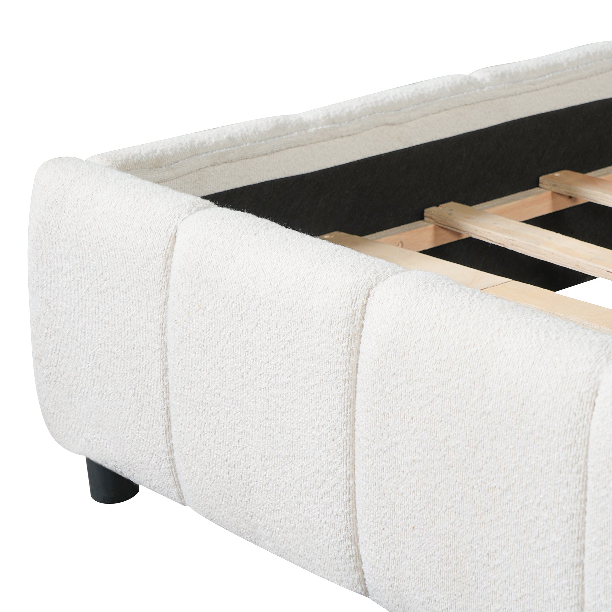 King Size Upholstered Bed Frame With Boucle Fabric And Thick Headboard, Off white image 12