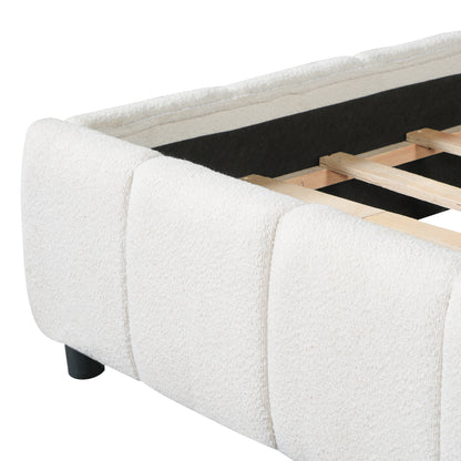 King Size Upholstered Bed Frame With Boucle Fabric And Thick Headboard, Off white image 12
