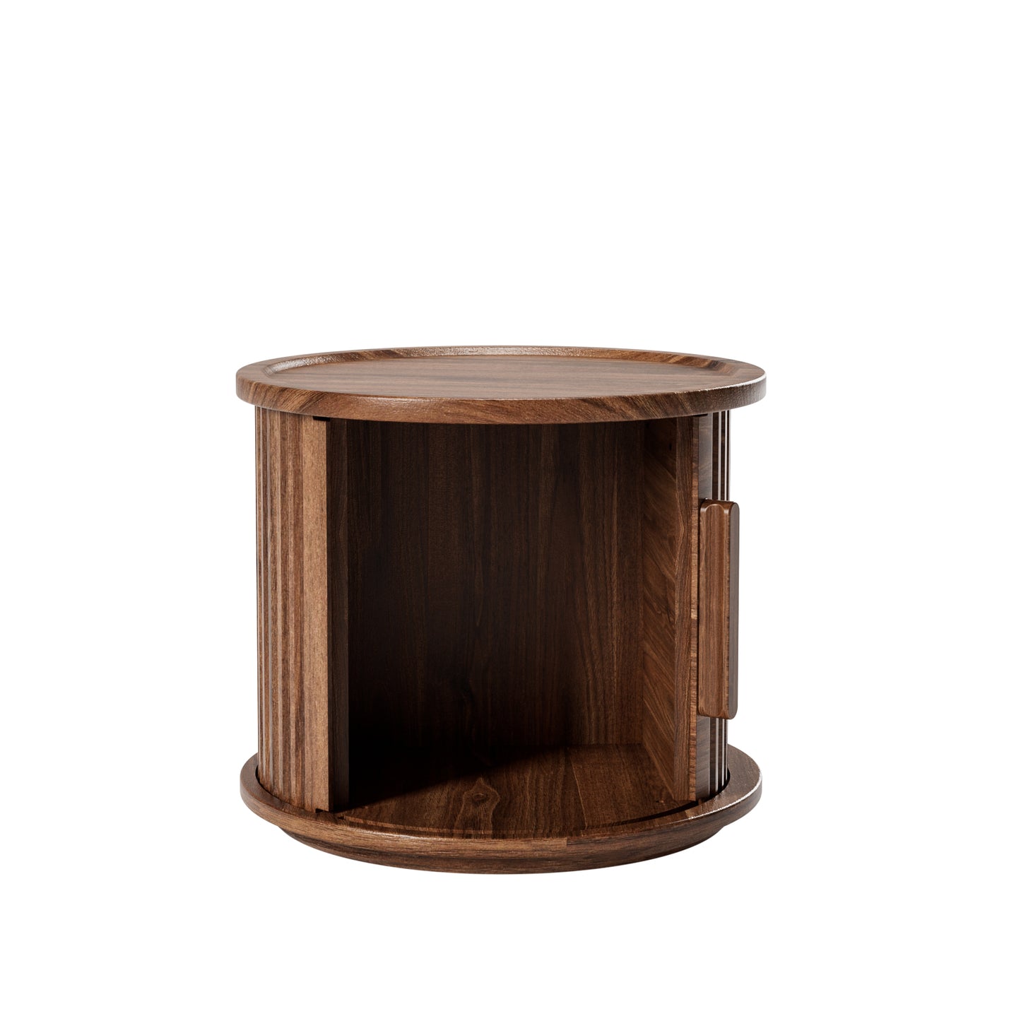 2Piece Round Coffee Table Set, Modern Nesting Side Tables with Sliding Door Storage, Walnut Finish Sofa End Table & Bedside Nightstand for Living Room & Bedroom, Fluted Roman Column Design Accent Tab image 9