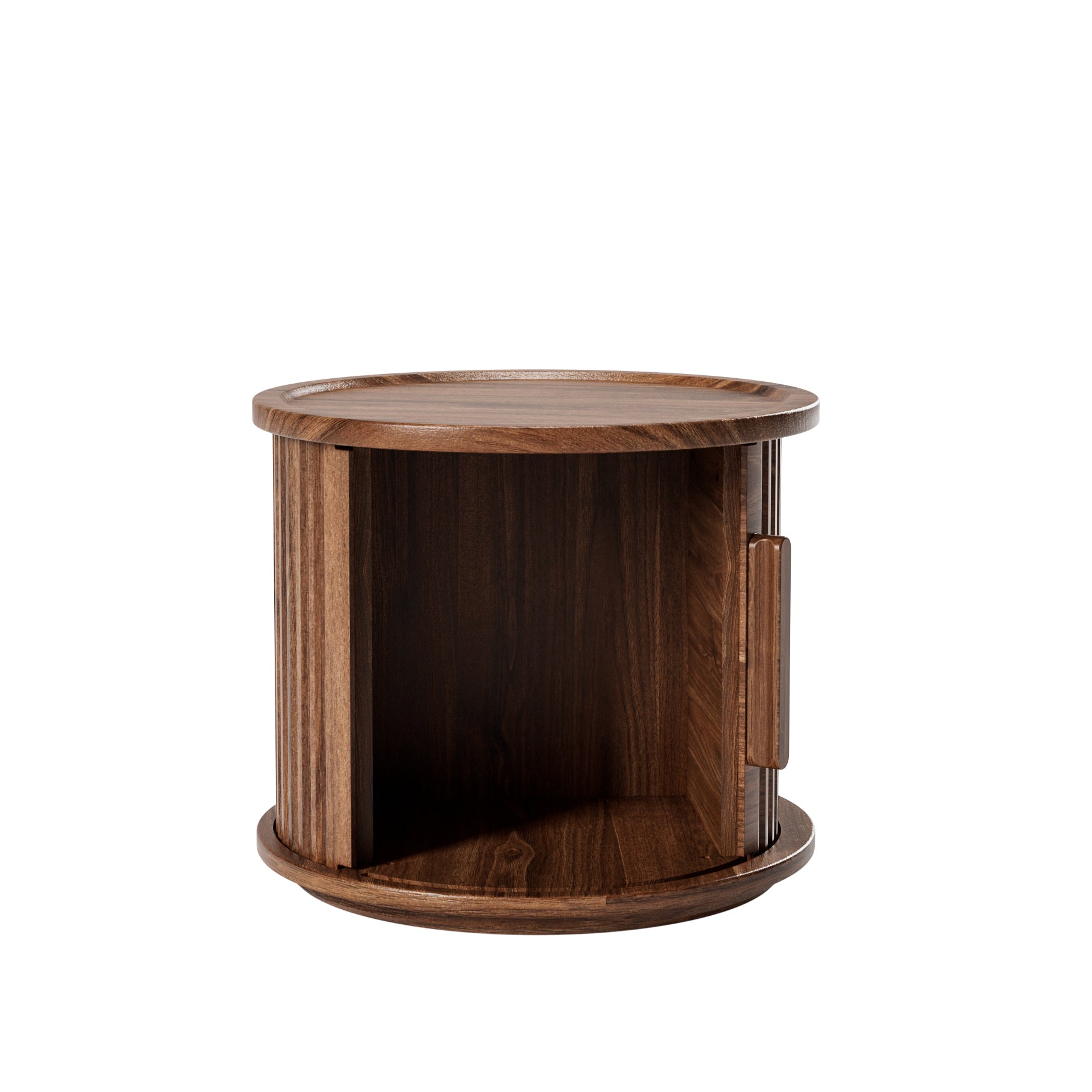 2Piece Round Coffee Table Set, Modern Nesting Side Tables with Sliding Door Storage, Walnut Finish Sofa End Table & Bedside Nightstand for Living Room & Bedroom, Fluted Roman Column Design Accent Tab image 9