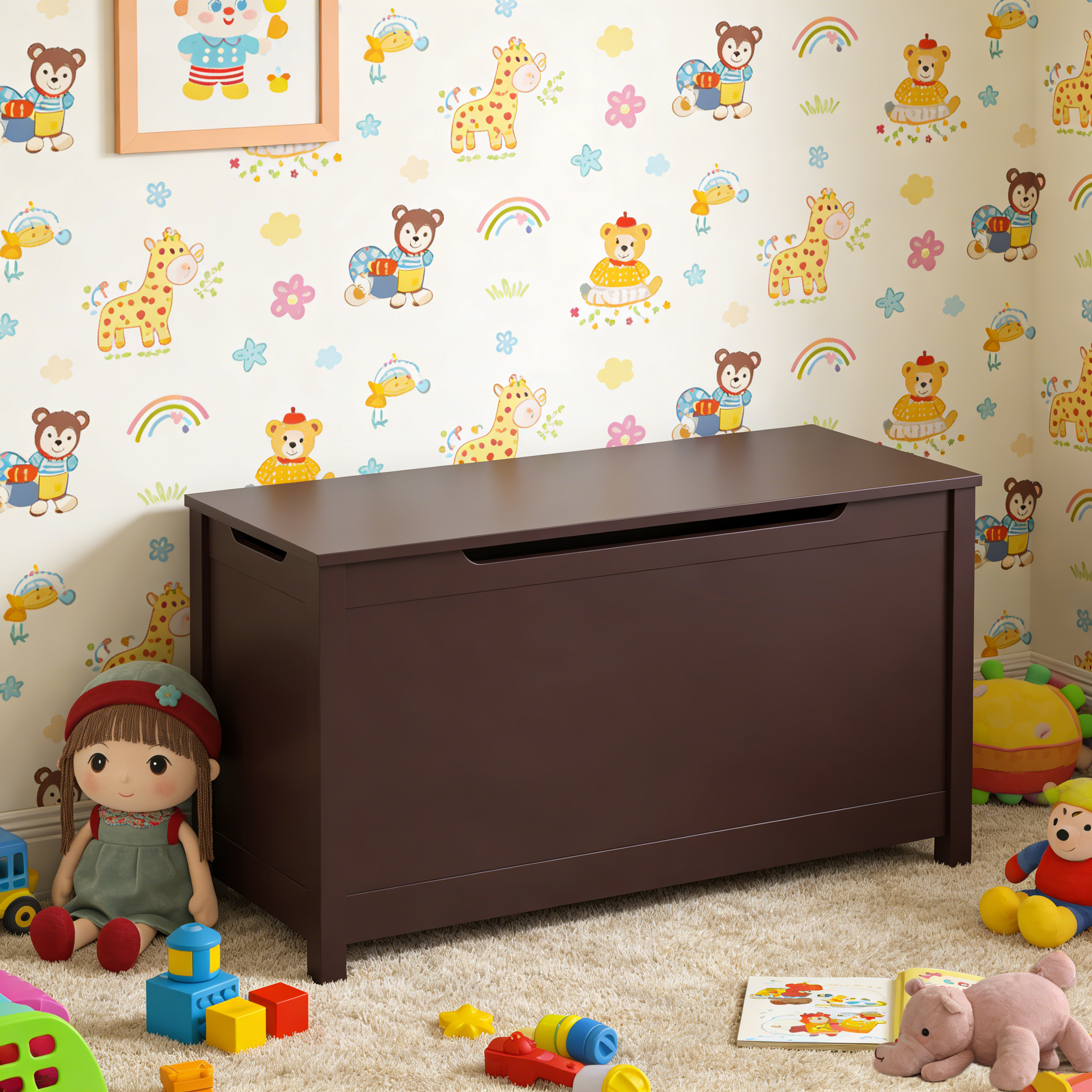 Kids Wooden Toy Box Storage with Safety Hinged Lid for Ages 2+ (Coffee) image 1