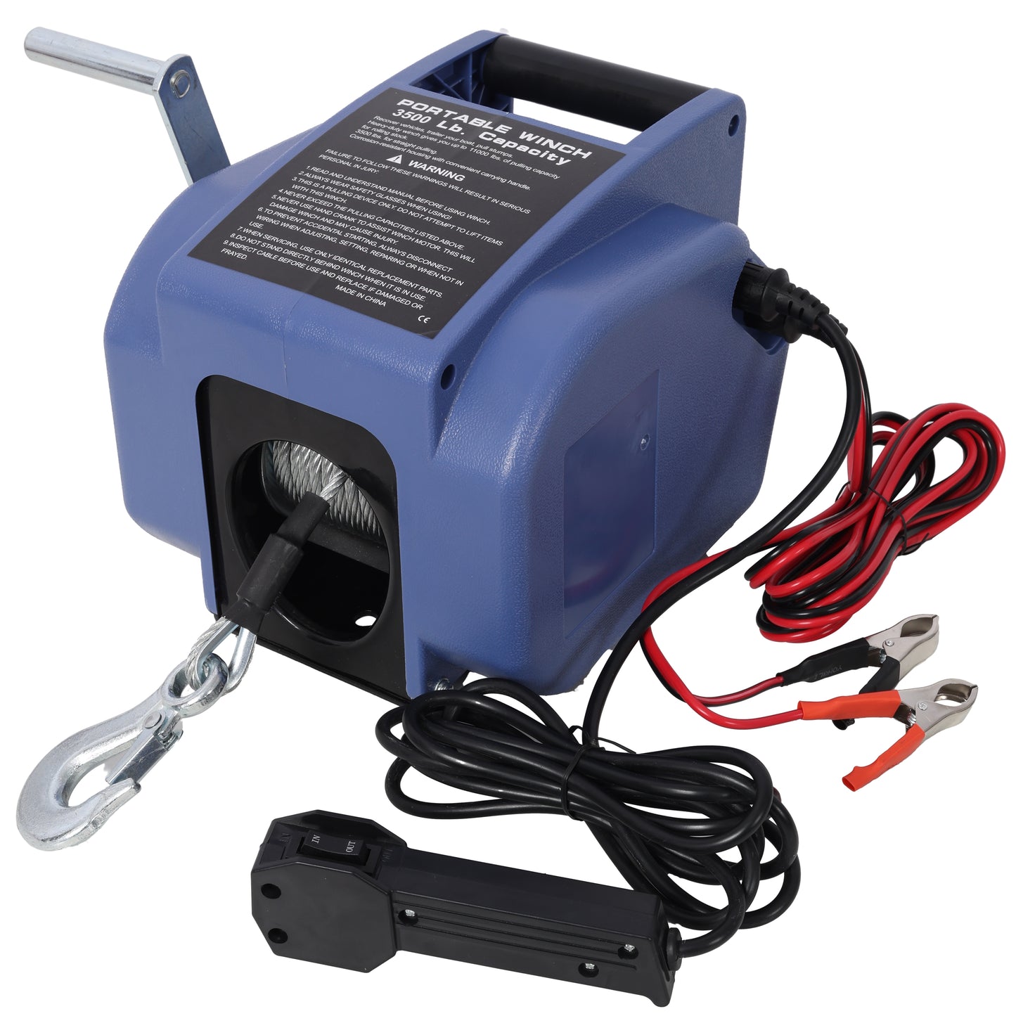 12v 2000lbs Trailer Winch,Reversible Electric Winch,for Boats up to 5000 lbs,Galvanized Wire Rope,with extra pulley hook, Rapid Mount, wirelss remote control,power in and power out.blue plastic casing image 2